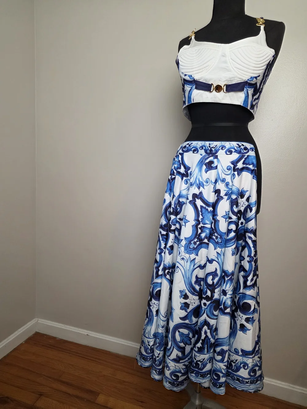 Women's Blue & White Printed A-Line Midi Skirt